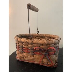 Vintage Mini Woven Basket Wire Handle Wooden Grip Country Decor Bow